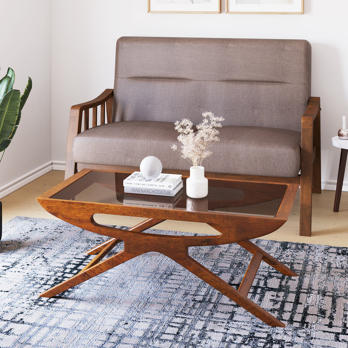 Nilkamal Kingsley Solid Wood Glass Top Center Table Red Walnut