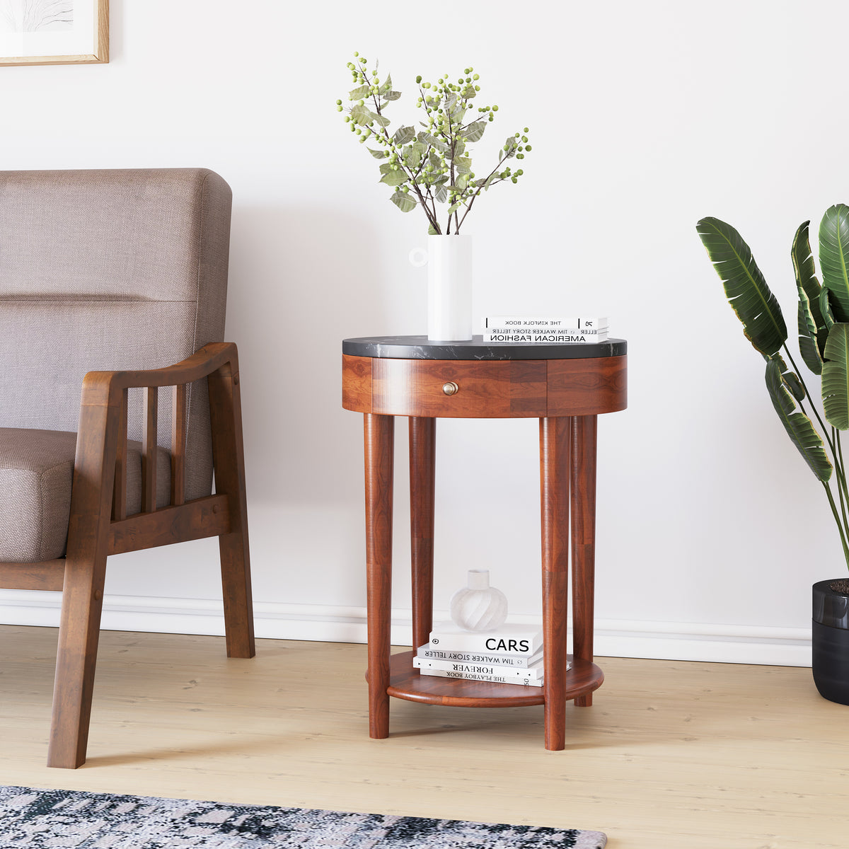 Buy Kyran Round Side Table With Drawer (Red Walnut) Online | Nilkamal Homes