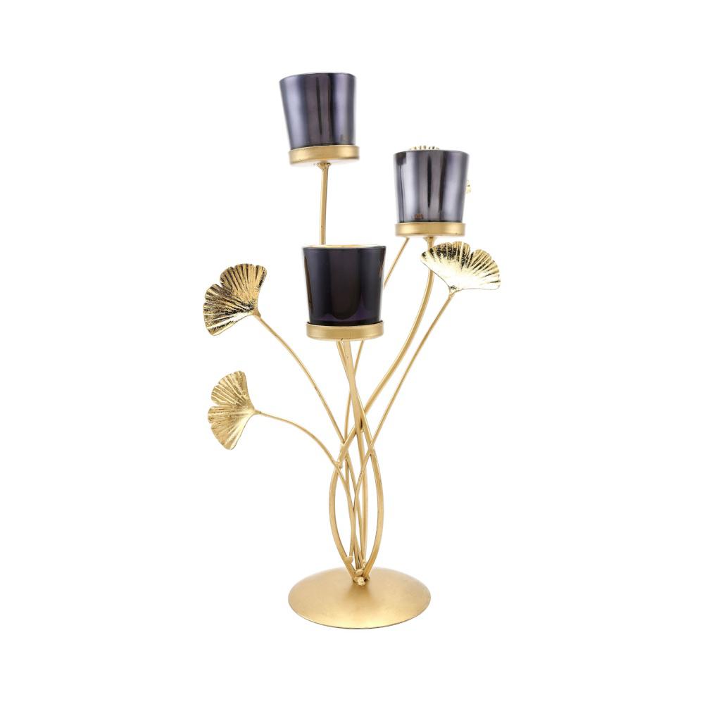3 Gingko Lotus Metal & Glass Candle Stand- Black & Gold