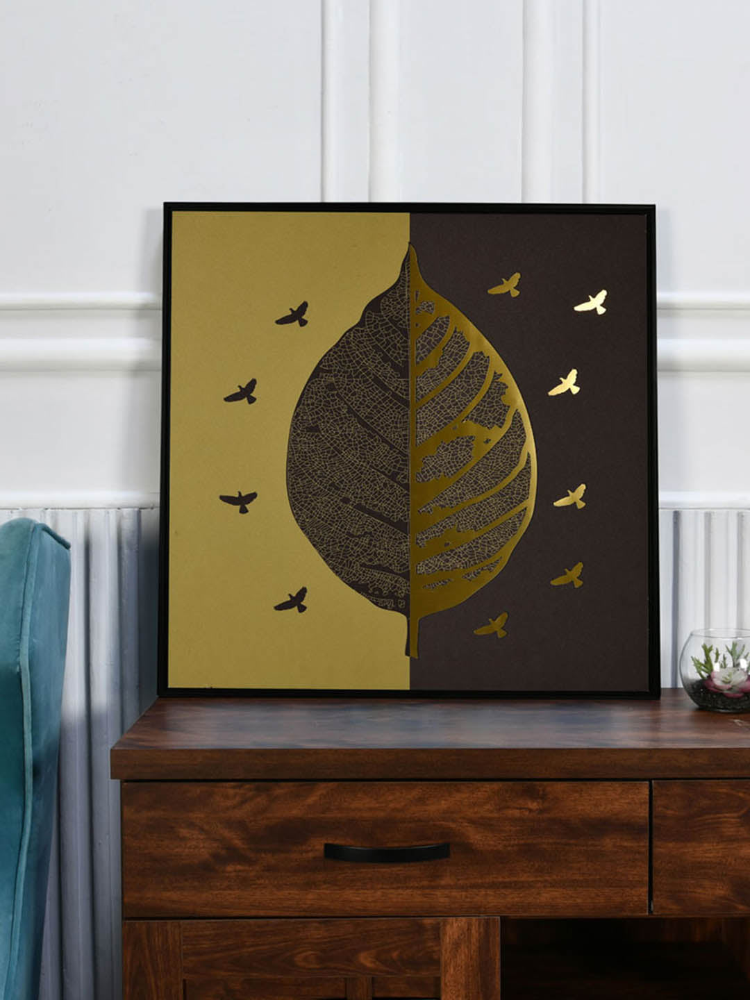 Leaf With Birds Painting- Gold