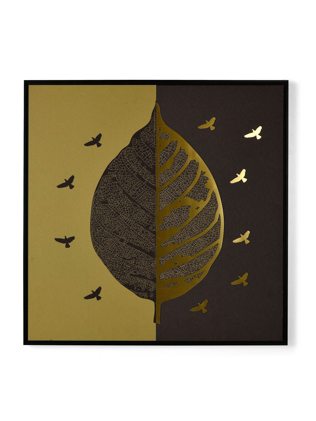 Leaf With Birds Painting- Gold