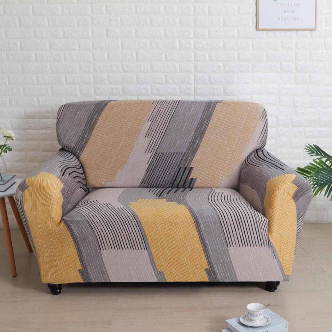 Abstract Elegance Fitted 2 Seater Sofa Cover- Mustard & Multicolor