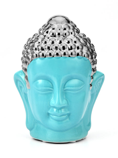 Buddha Face Decorative Ceramic Showpiece- Sea green & Silver