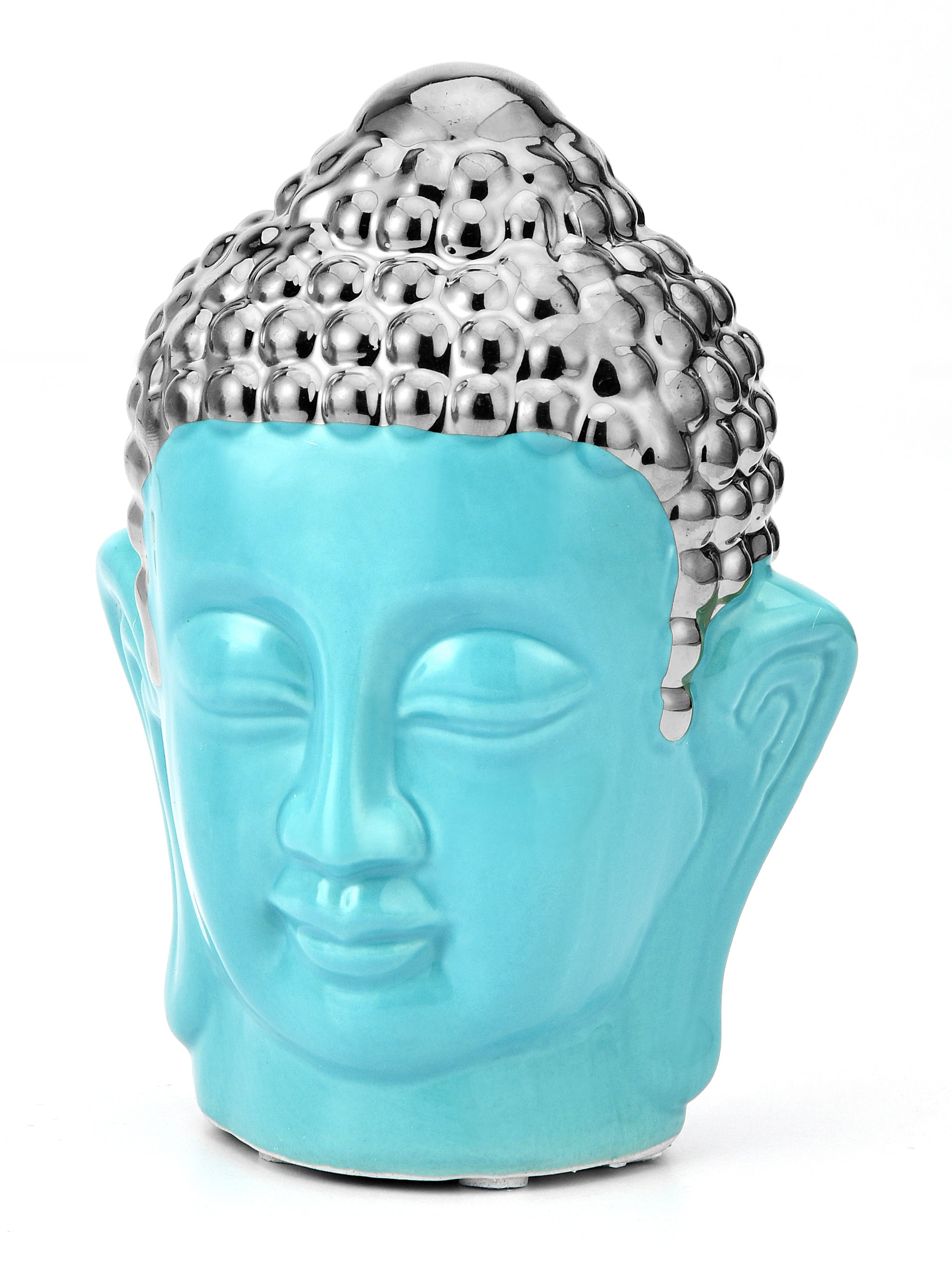 Buddha Face Decorative Ceramic Showpiece- Sea green & Silver