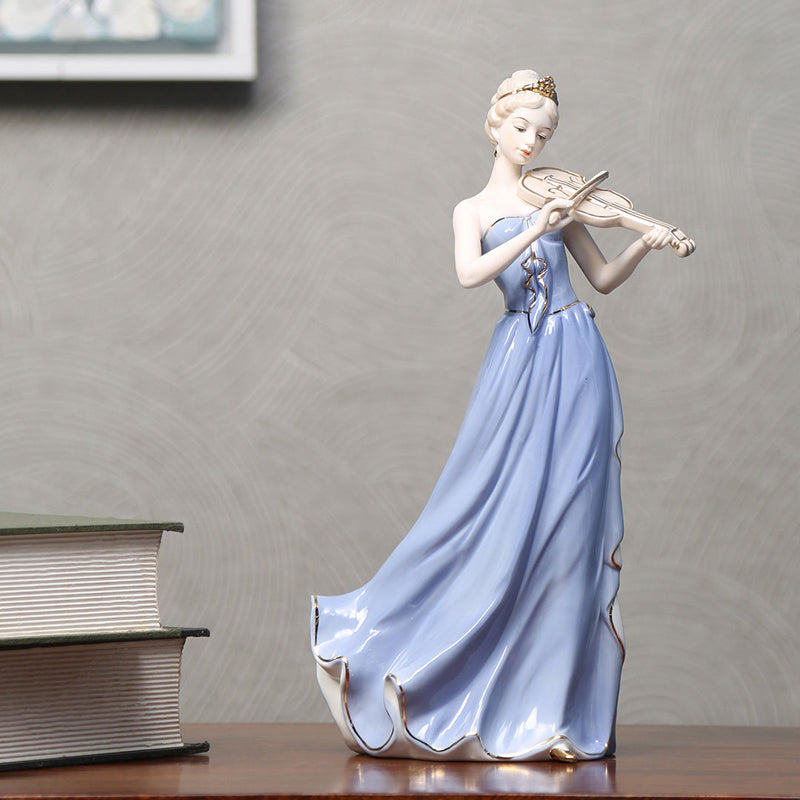 Lady Playing Violin Decorative Ceramic Showpiece- Blue