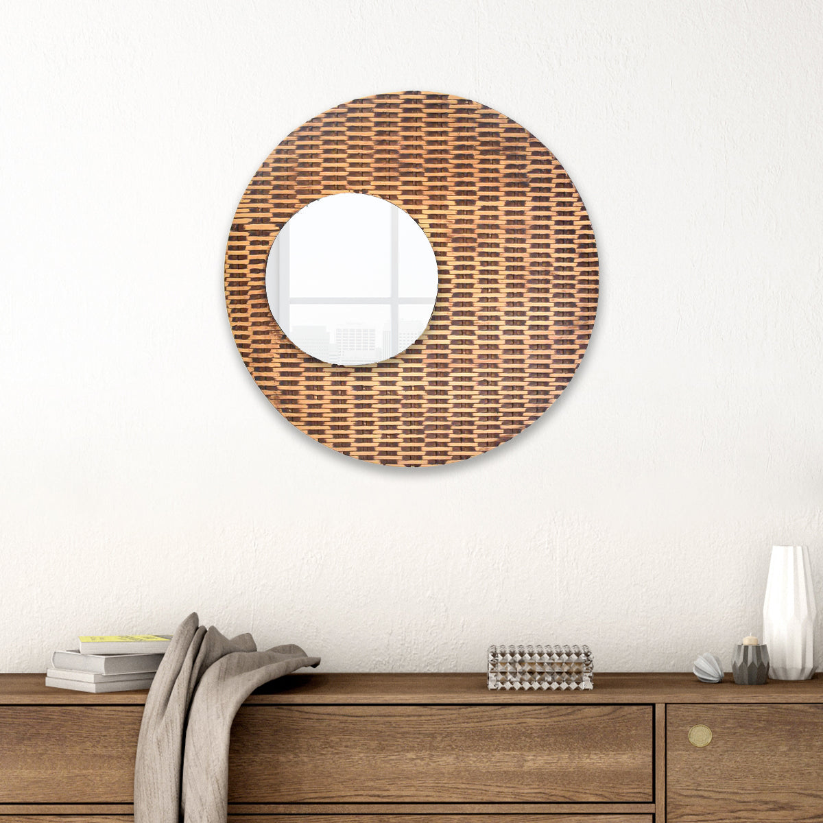 Rattan Round Decorative Polyresin Frame Mirror- Brown & Beige
