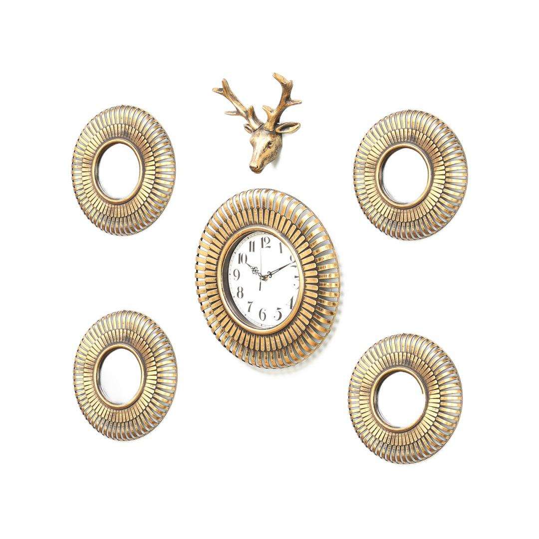 Combo Stag Wall Clock Set Of 6- Gold