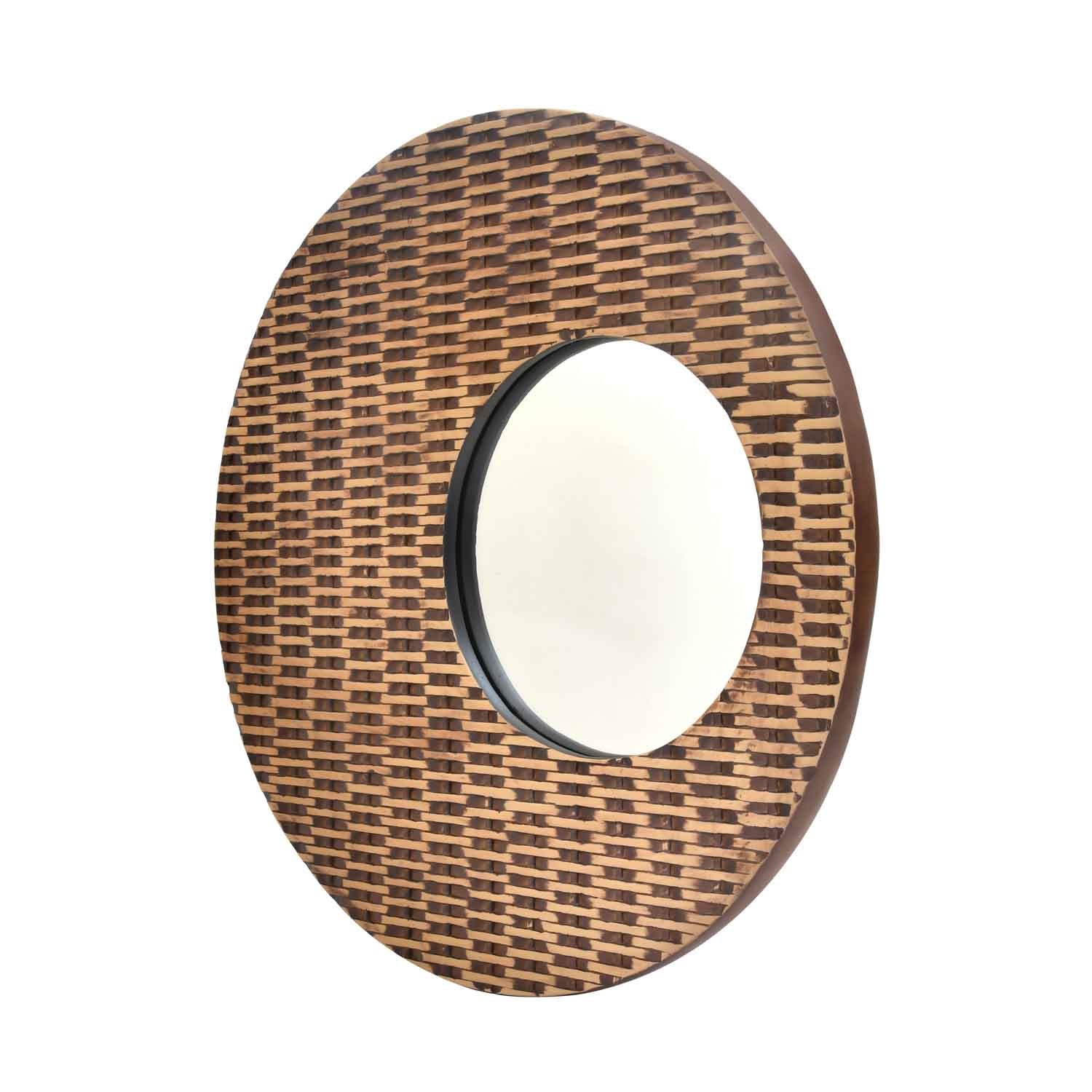 Rattan Round Decorative Polyresin Frame Mirror- Brown & Beige
