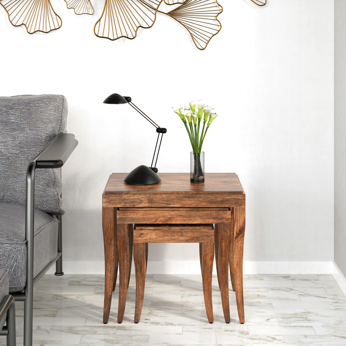 Nilkamal Perry Solid Wood Nesting Table Sun Walnut