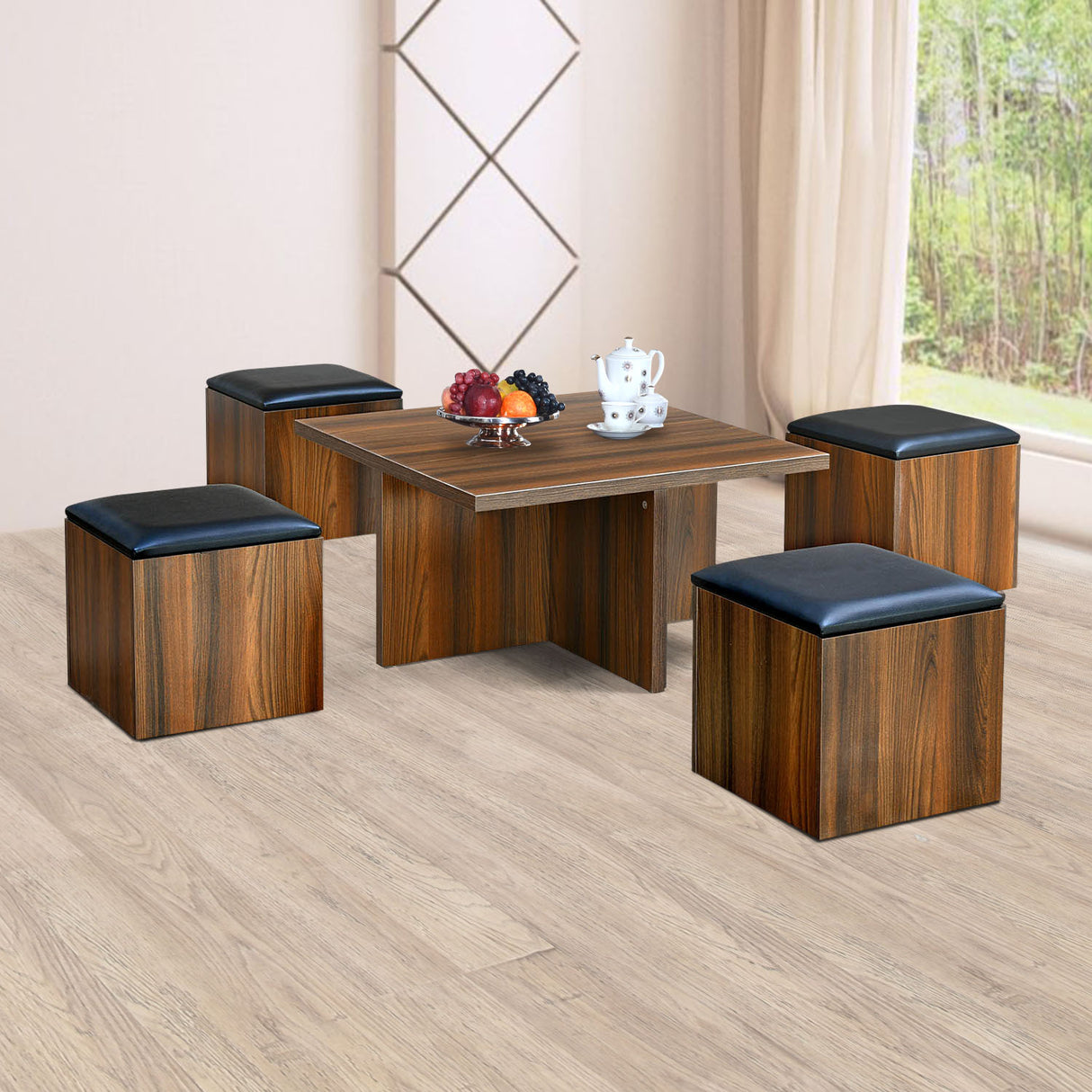 Nilkamal Trendy Engineered Wood Coffee Table Set With Storage Stool Walnut