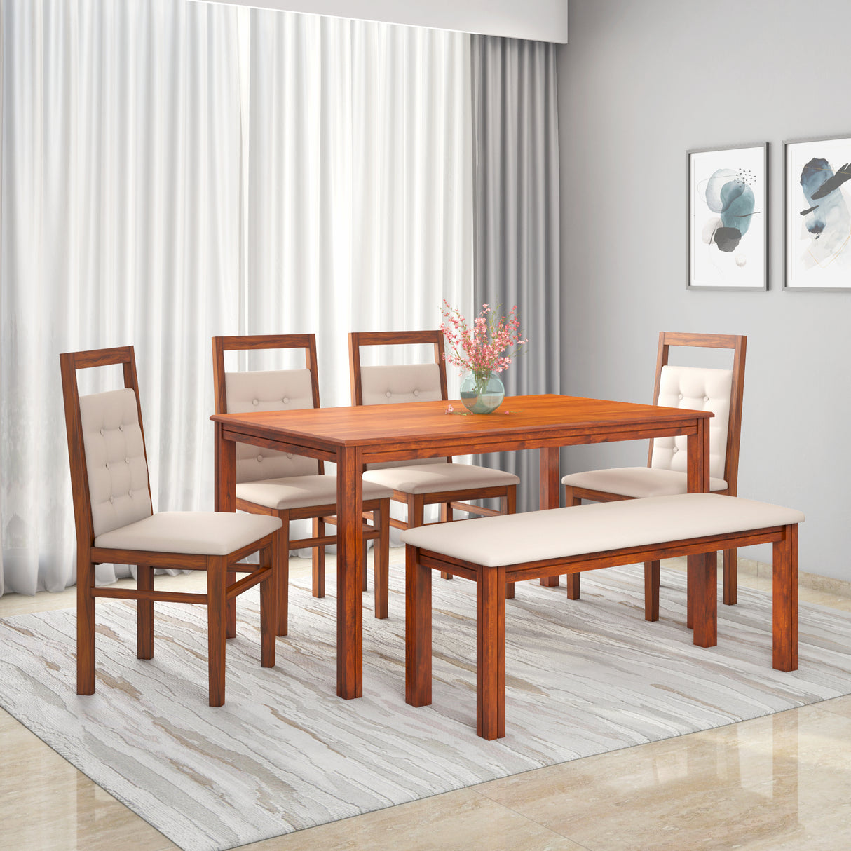 Nilkamal Vera 6 Seater Solid Wood Dining Set With Bench In