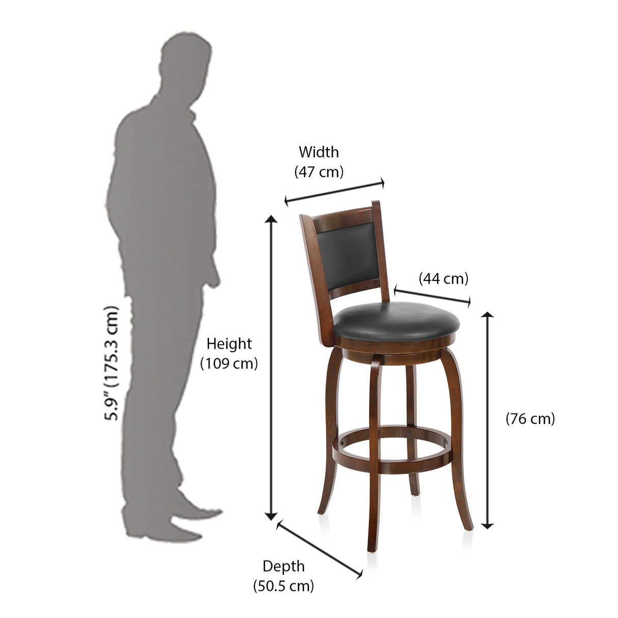Grant Bar Stool with Swivel (Dark Expresso) - Size In Centimeter
