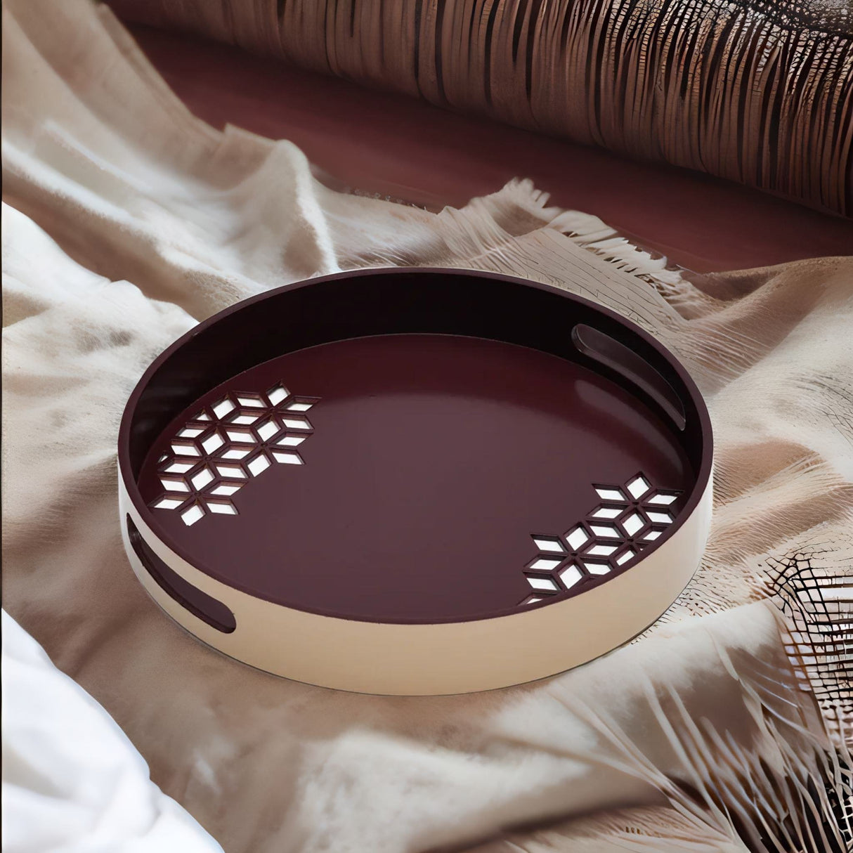 Nilkamal Mdf Wooden Round Tray Brown Beige