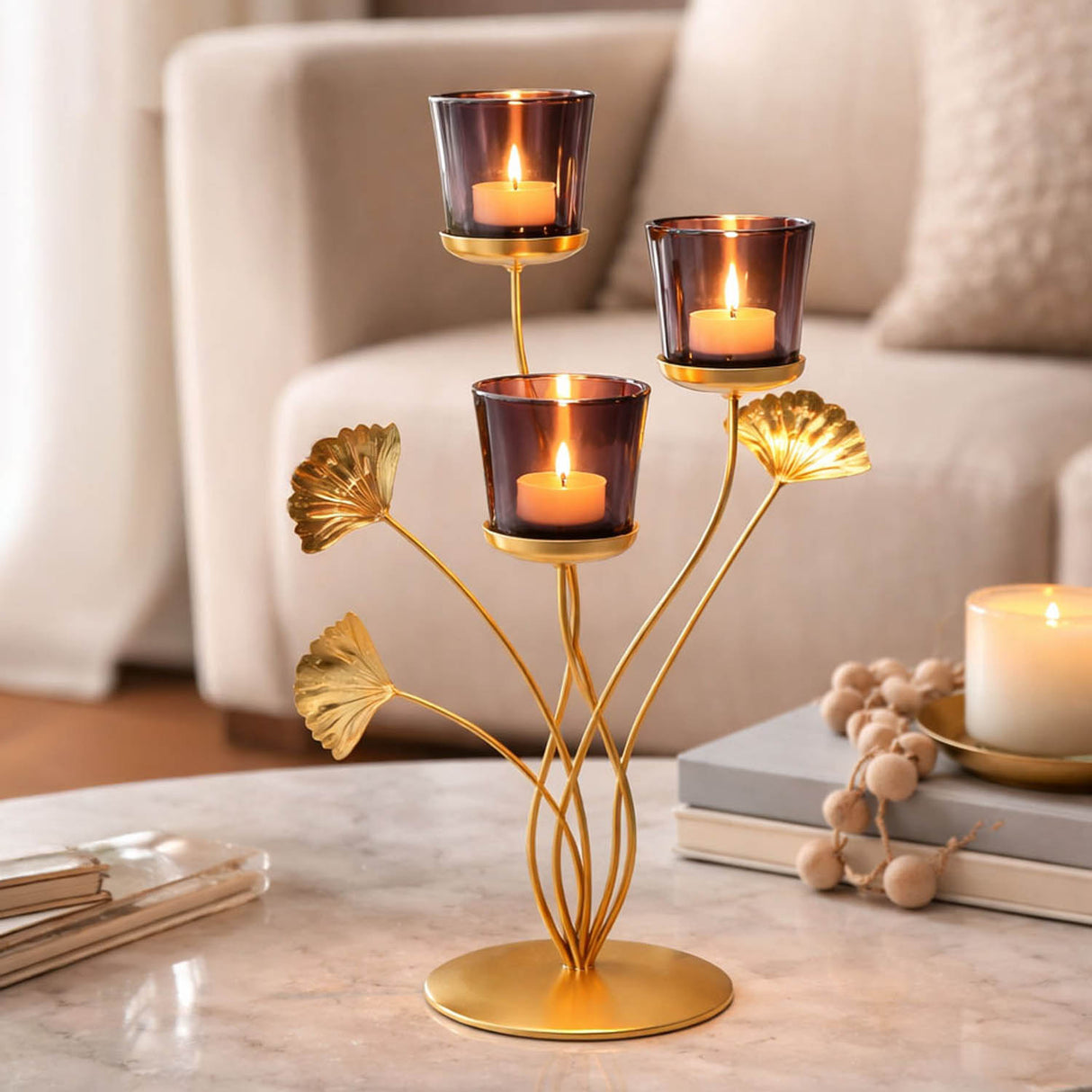 3 Gingko Lotus Metal & Glass Candle Stand- Black & Gold