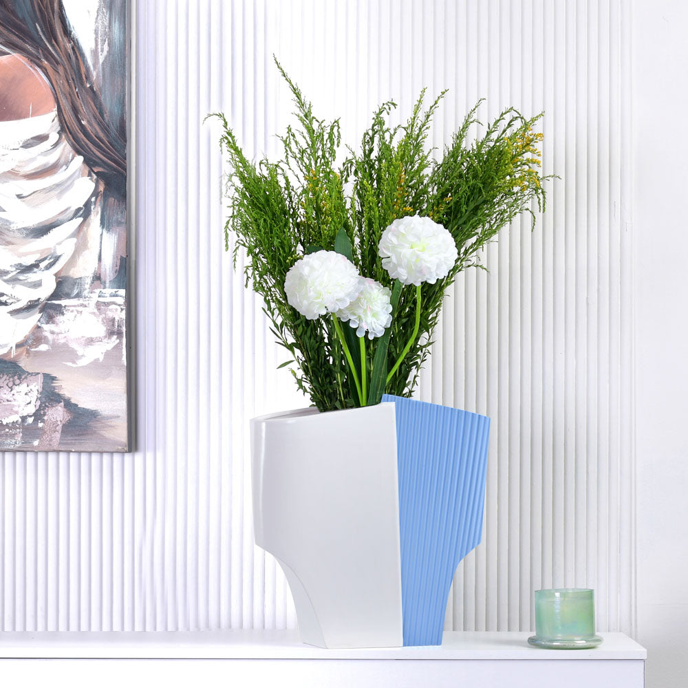Nilkamal Decorative Fluted Dual Color Design Dolomite Vase (Blue & White)
