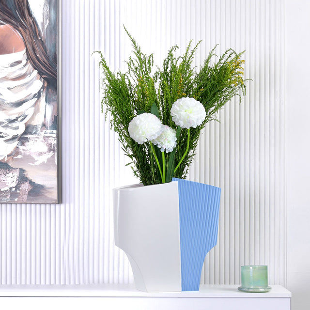 Nilkamal Decorative Fluted Dual Color Design Dolomite Vase (Blue & White)