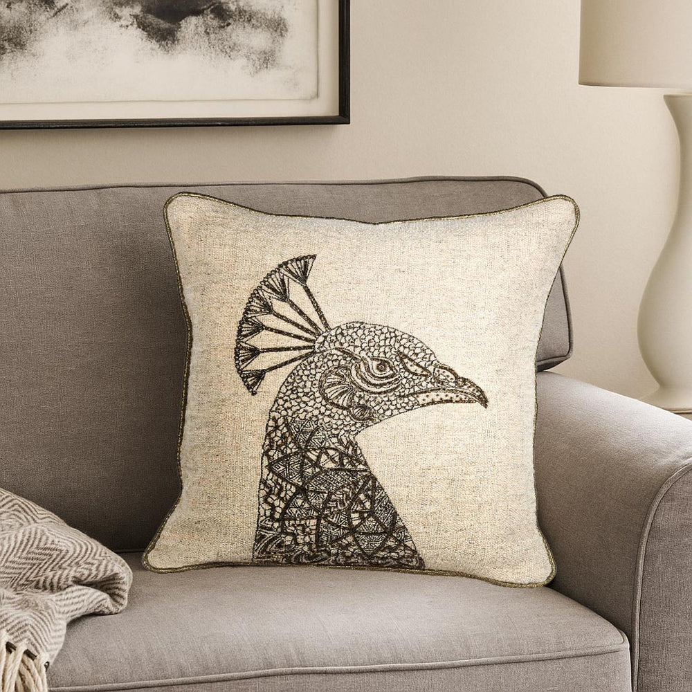 Peacock Head Pattern Fabric Cushion Cover- Beige and Gold