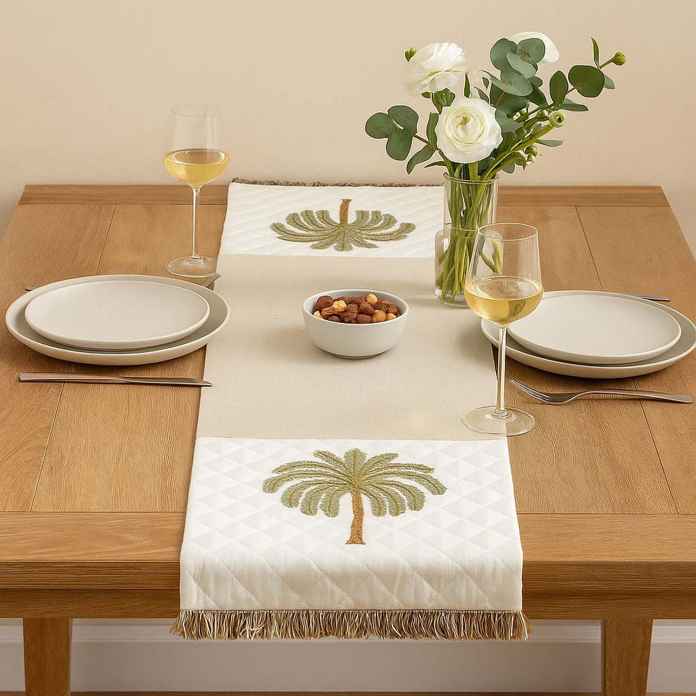 Palm Tree Embroidery Cotton Table Runner Small- Beige and Brown