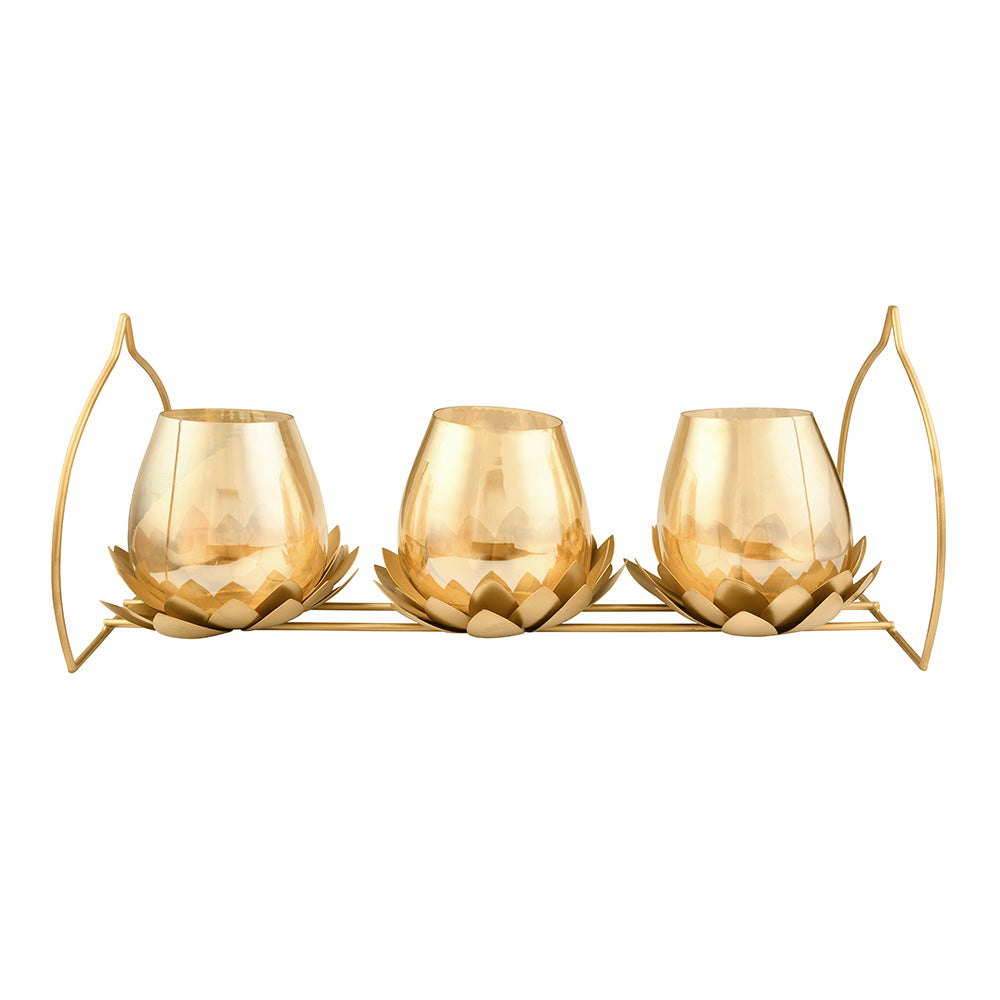 Trio Lotus Metal & Glass Candle Holder (Gold)