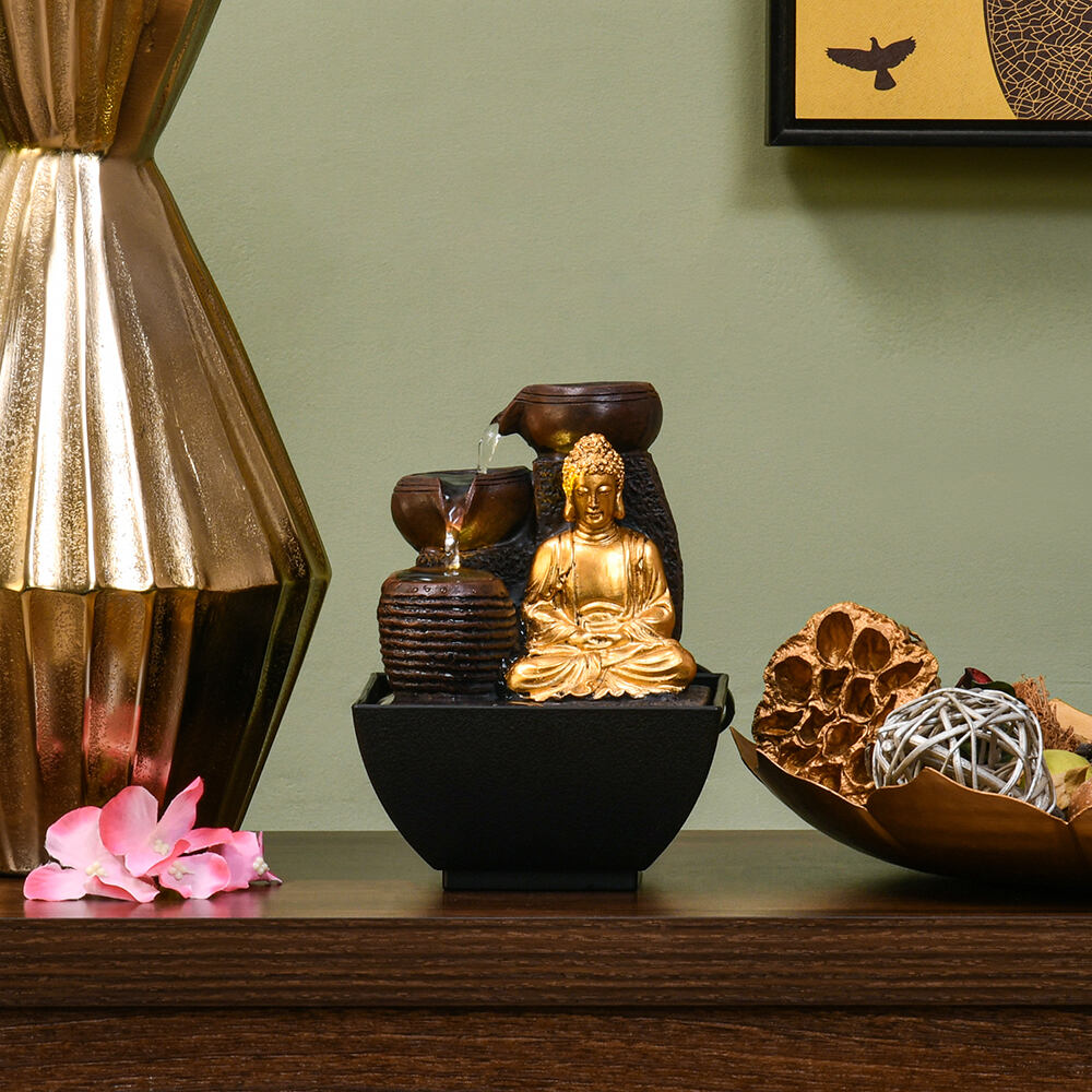 Meditating Buddha Polyresin Decorative Table Top Water Fountain with LED Light- Gold and Brown