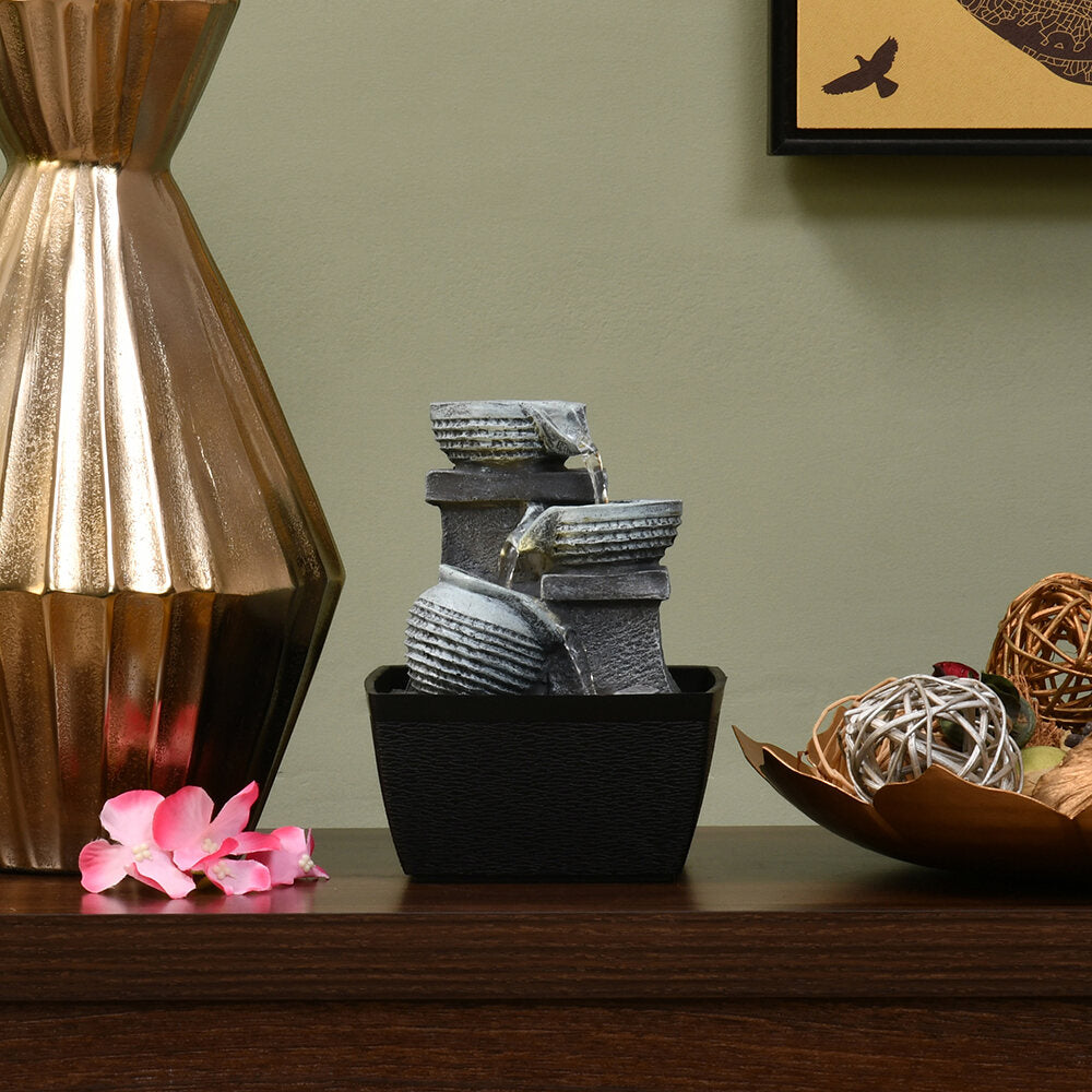 3 Pots Polyresin Decorative Table Top Water Fountain with LED Light- Grey and black