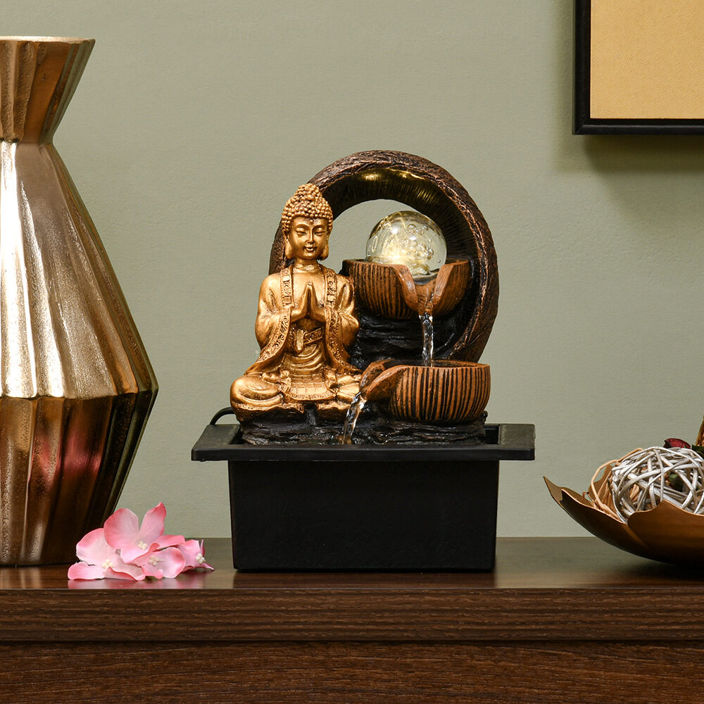 Buddha Polyresin Table Top Decorative Water Fountain with LED Light- Antique Gold