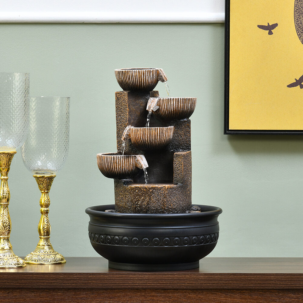 Five Steps Arc Polyresin Table Top Decorative Water Fountain with LED Light- Brown