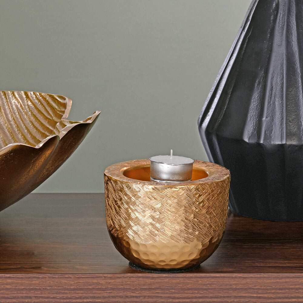 Decorative Criss Cross Textured Round Metal Votive- Gold
