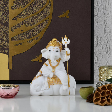 Nilkamal Ganesha On Elephant Polyresin Showpiece (White & Gold)