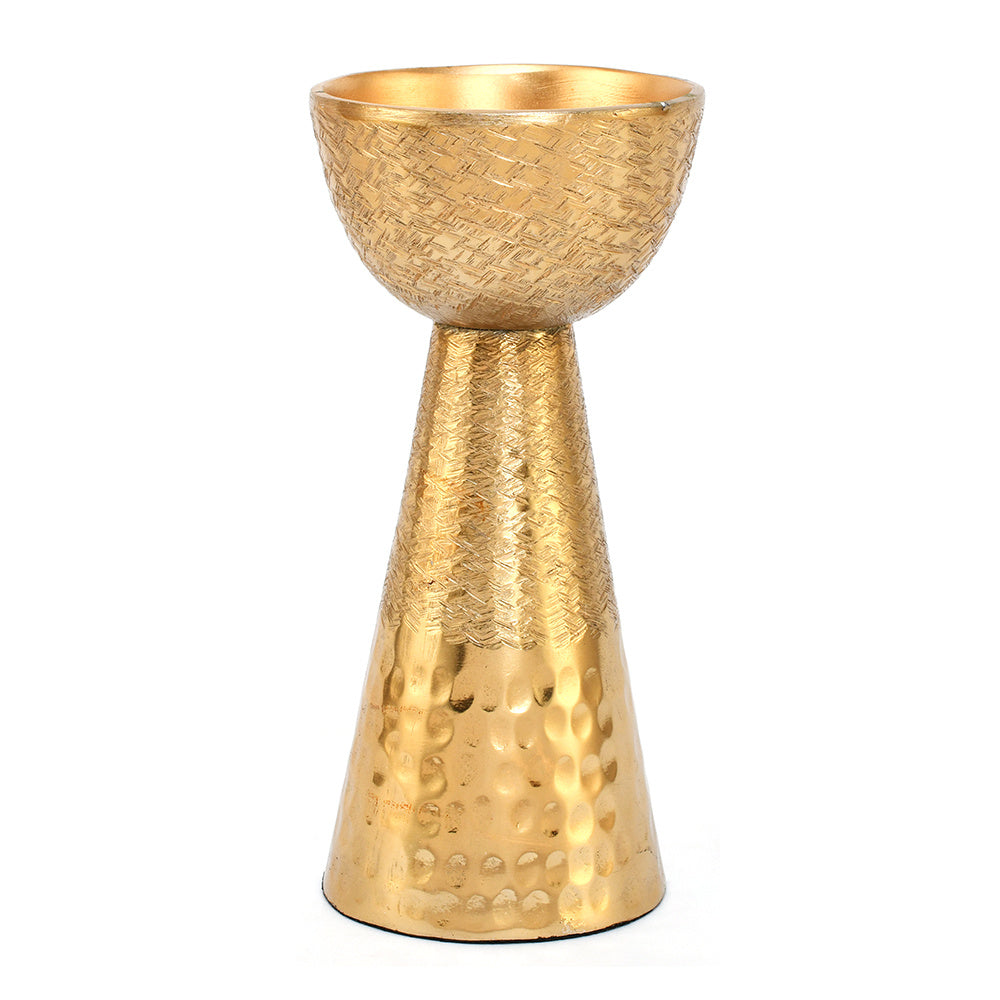 Decorative Criss Cross Textured Metal Candle Holder Small- Gold