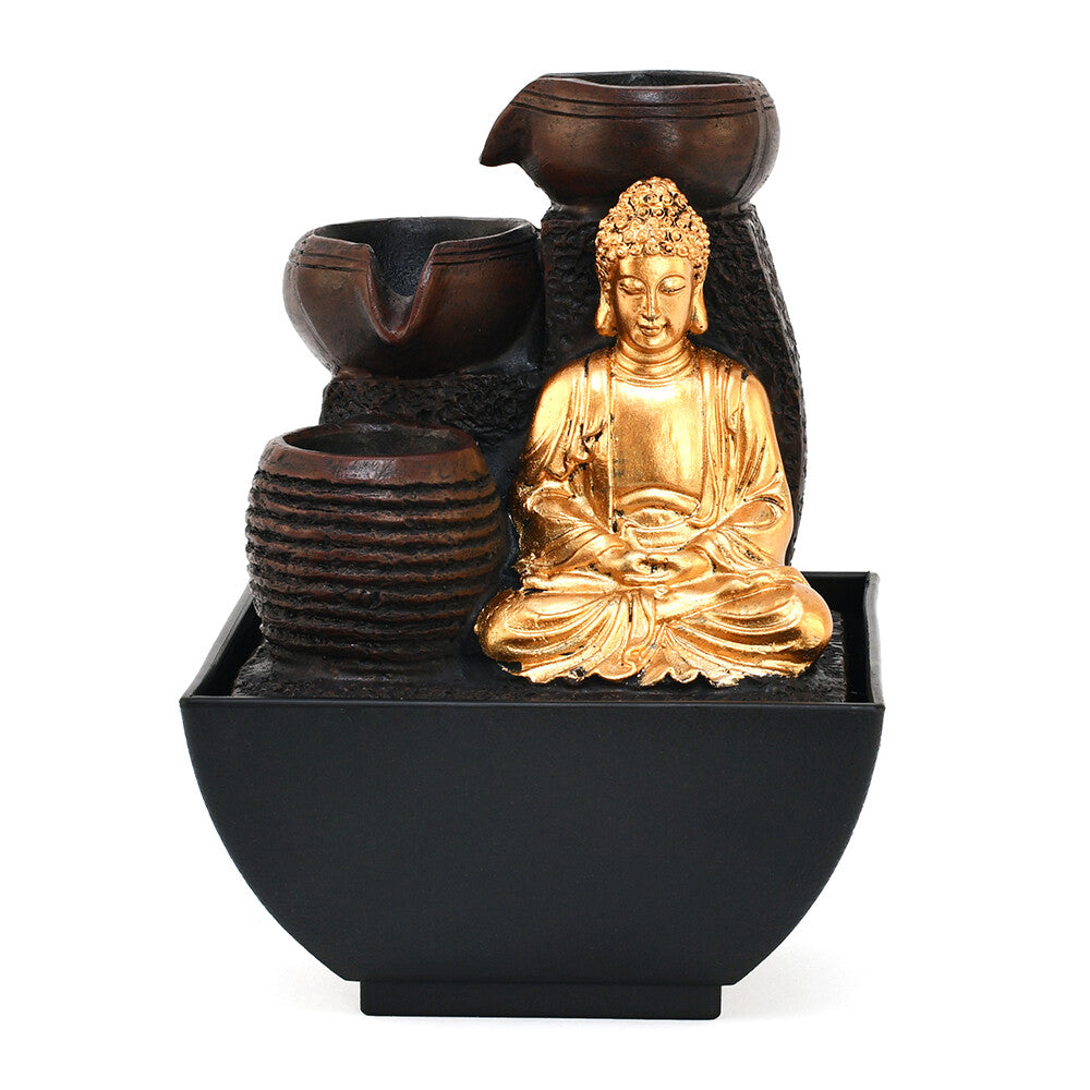 Meditating Buddha Polyresin Decorative Table Top Water Fountain with LED Light- Gold and Brown