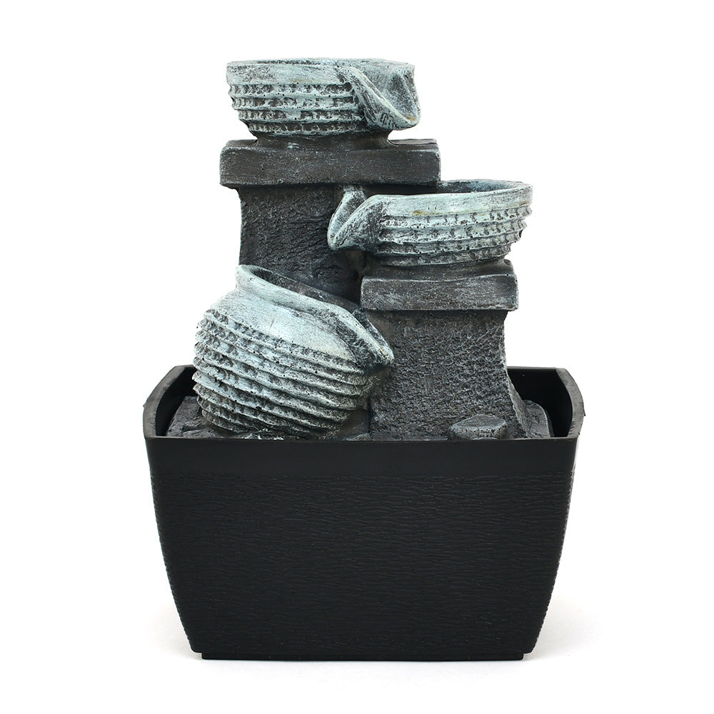 3 Pots Polyresin Decorative Table Top Water Fountain with LED Light- Grey and black