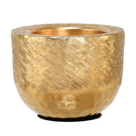 Decorative Criss Cross Textured Round Metal Votive- Gold