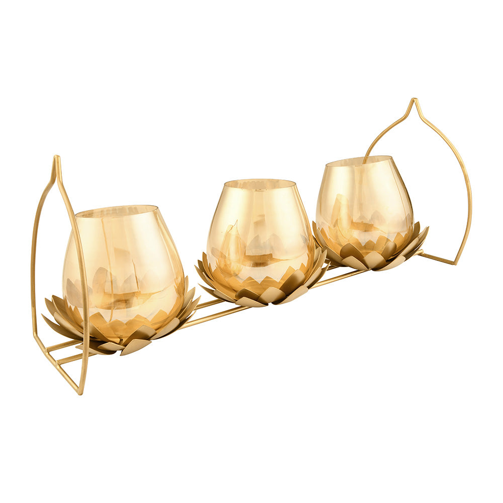 Trio Lotus Metal & Glass Candle Holder (Gold)