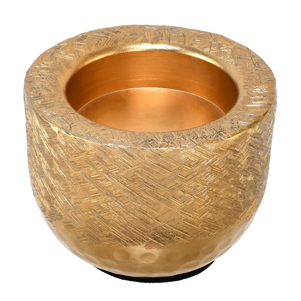 Decorative Criss Cross Textured Round Metal Votive- Gold