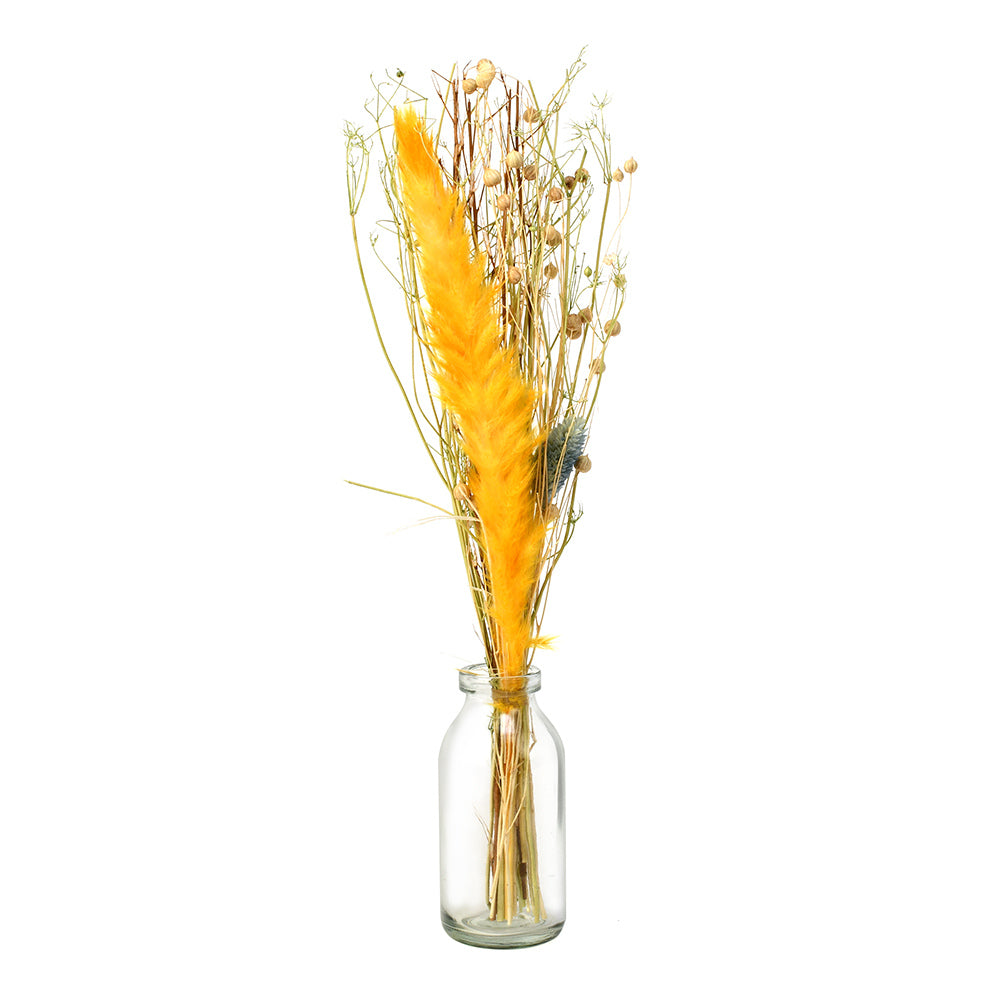 Arias by Lara Dutta Decorative Glass Vase with Dry Flowers- Transparent & Yellow