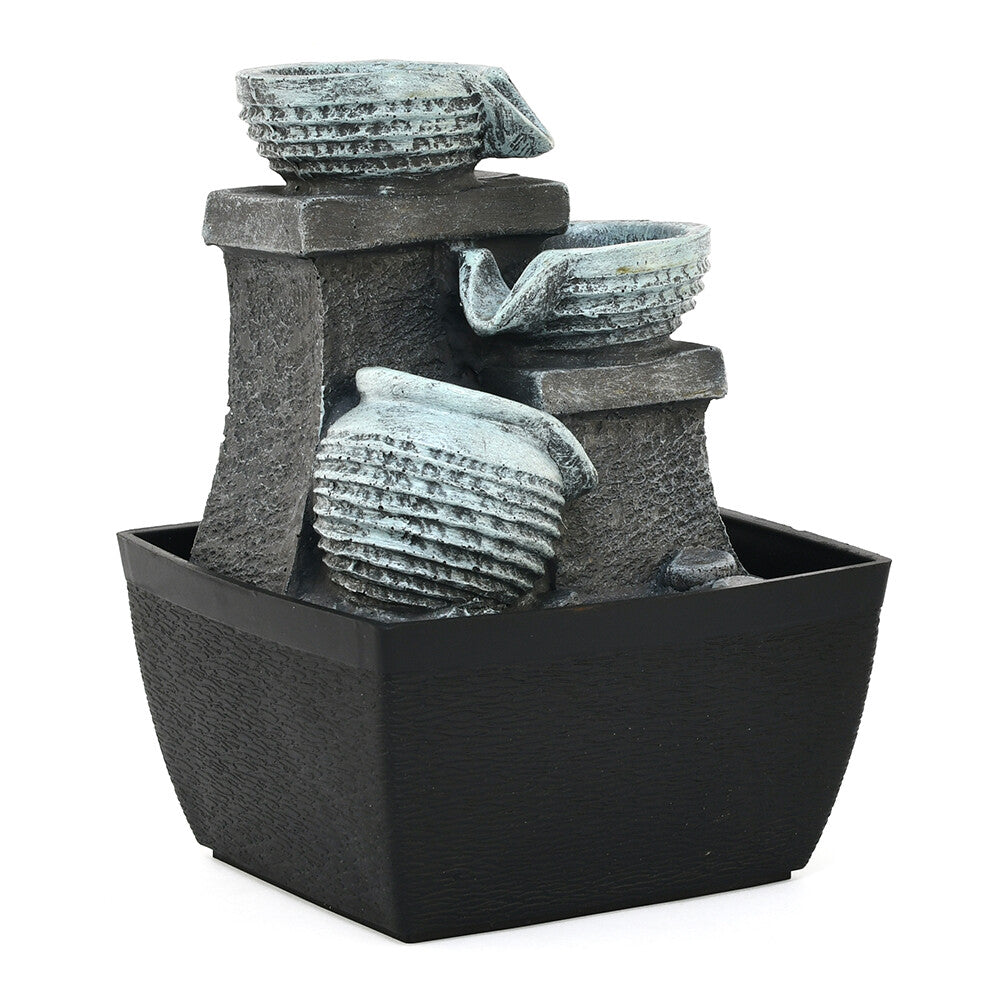 3 Pots Polyresin Decorative Table Top Water Fountain with LED Light- Grey and black