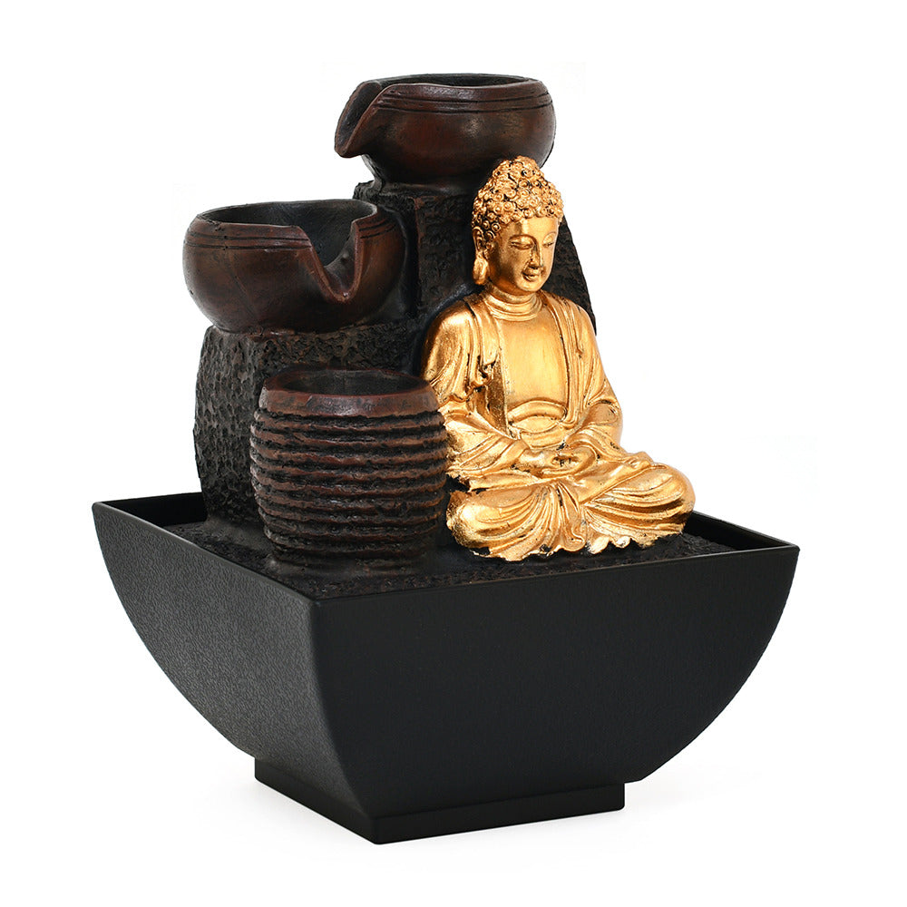 Meditating Buddha Polyresin Decorative Table Top Water Fountain with LED Light- Gold and Brown