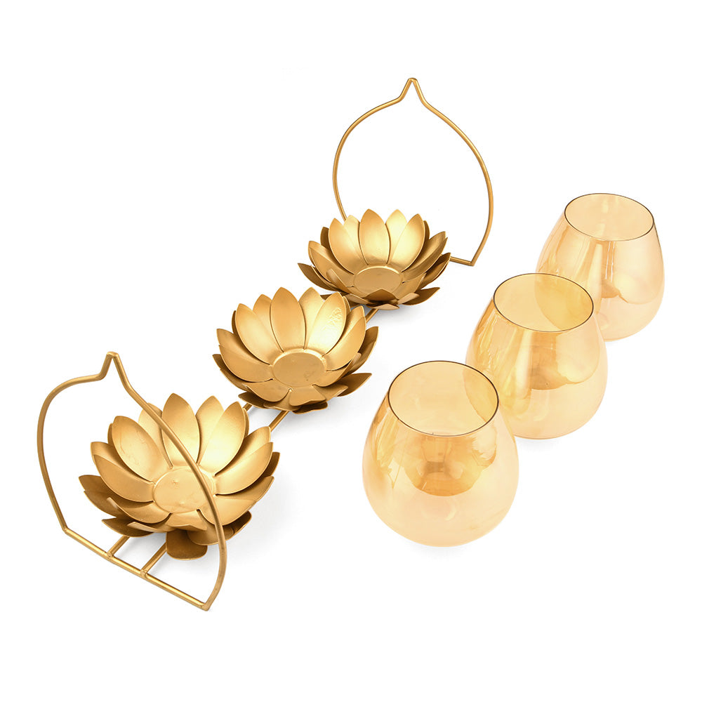Trio Lotus Metal & Glass Candle Holder (Gold)