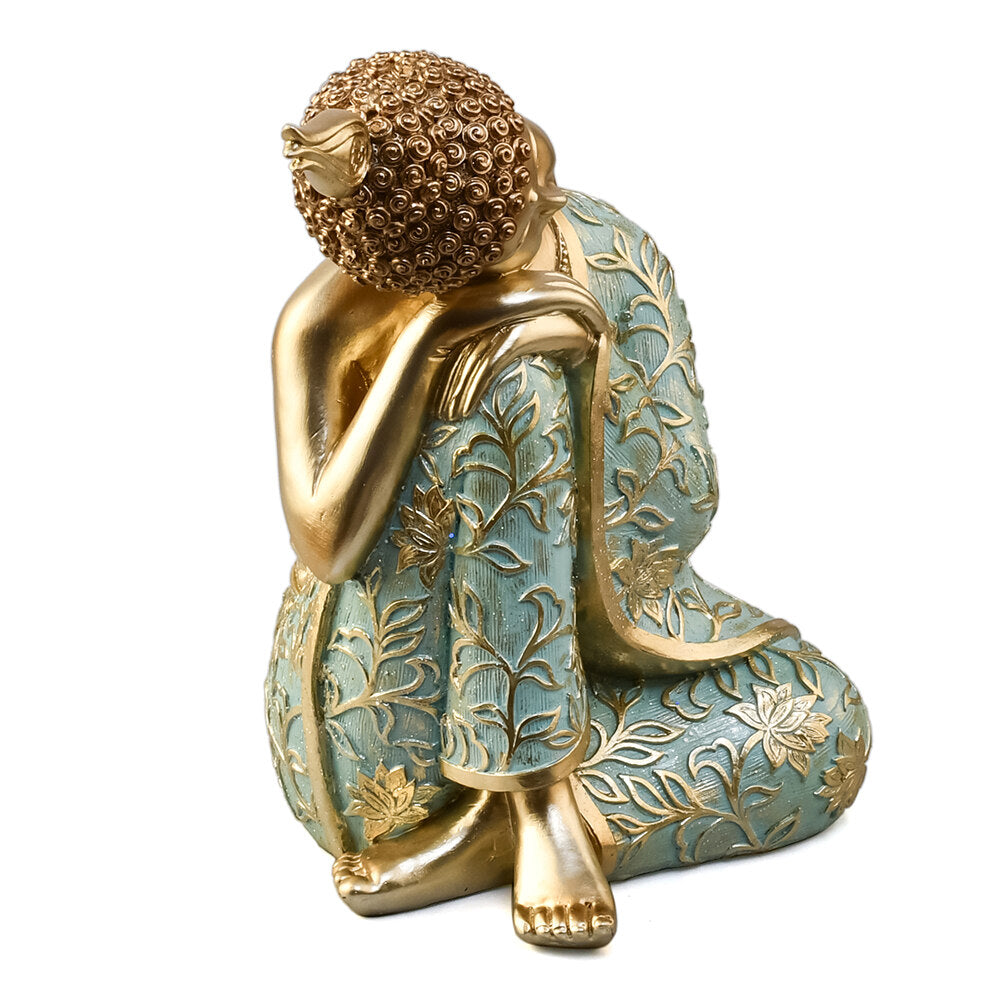 Buddha Resting On Knee Decorative Polyresin Showpiece (Mint & Gold)