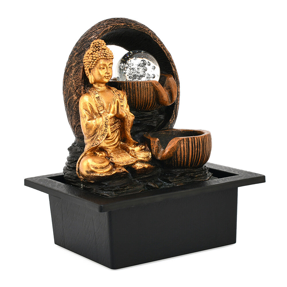 Buddha Polyresin Table Top Decorative Water Fountain with LED Light- Antique Gold
