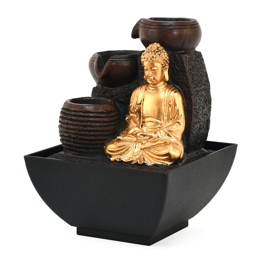 Meditating Buddha Polyresin Decorative Table Top Water Fountain with LED Light- Gold and Brown