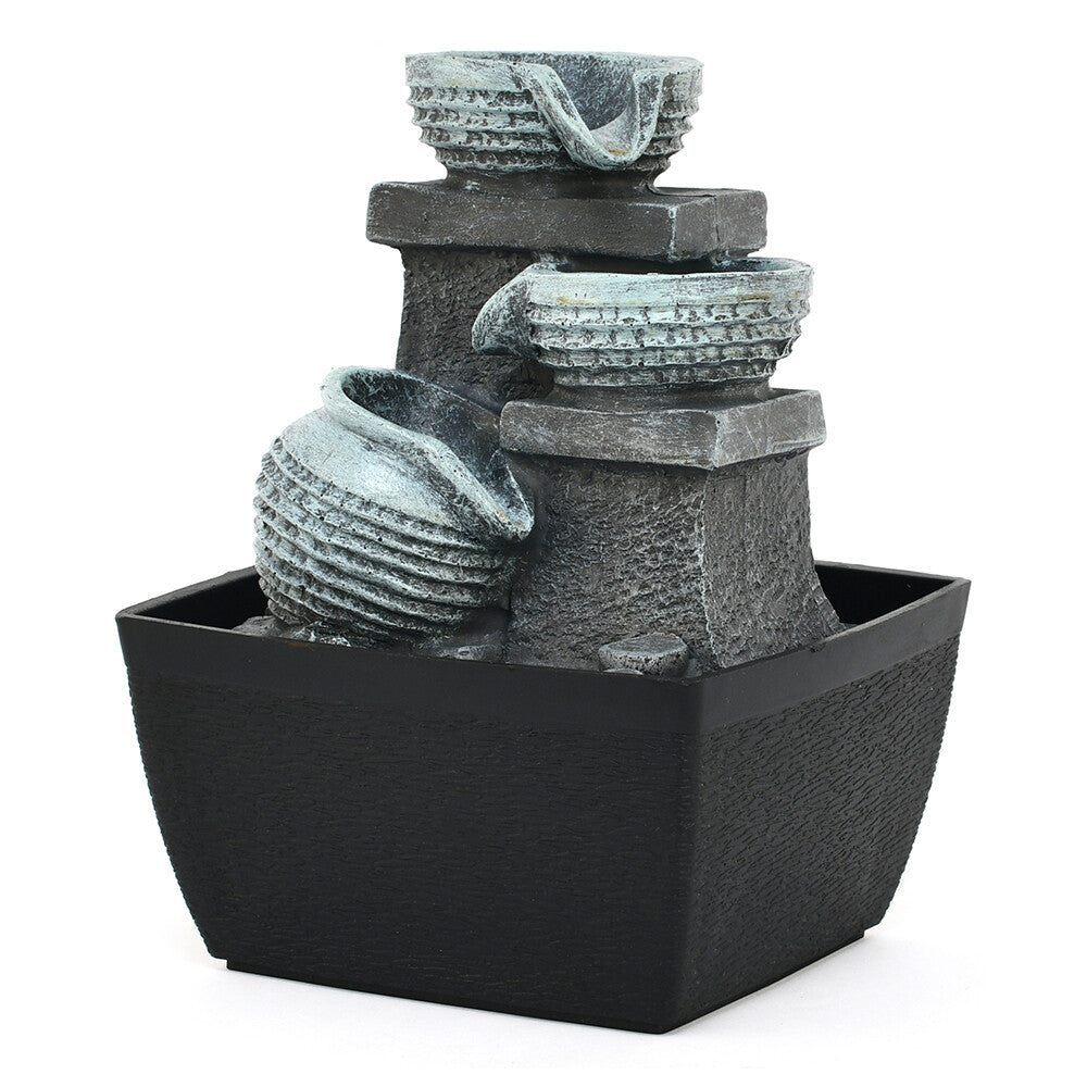3 Pots Polyresin Decorative Table Top Water Fountain with LED Light- Grey and black