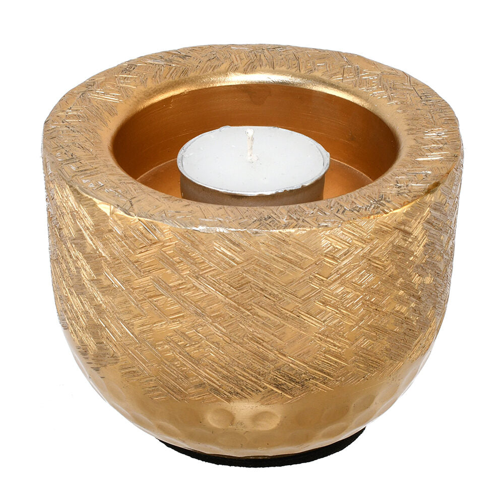 Decorative Criss Cross Textured Round Metal Votive- Gold
