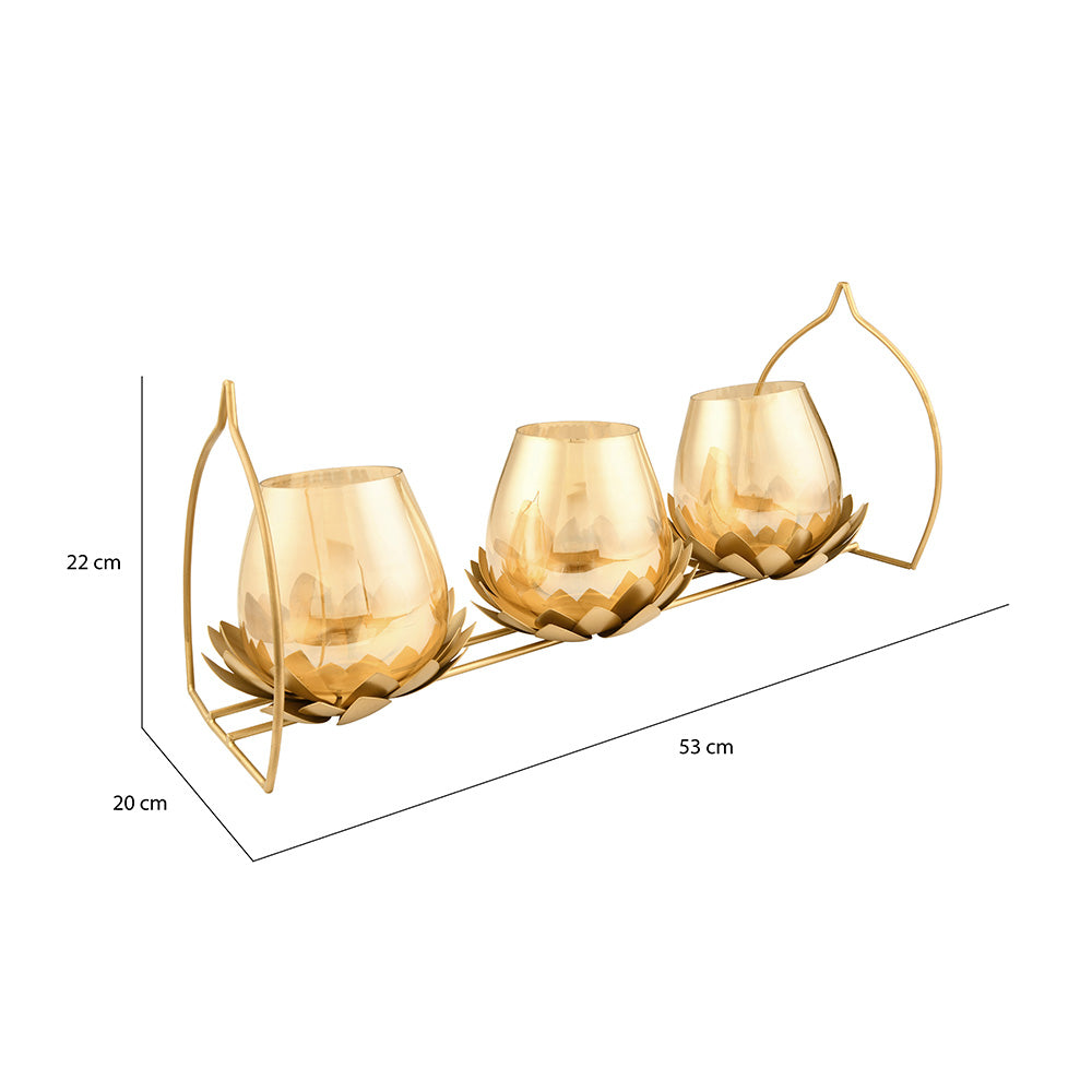 Trio Lotus Metal & Glass Candle Holder (Gold)