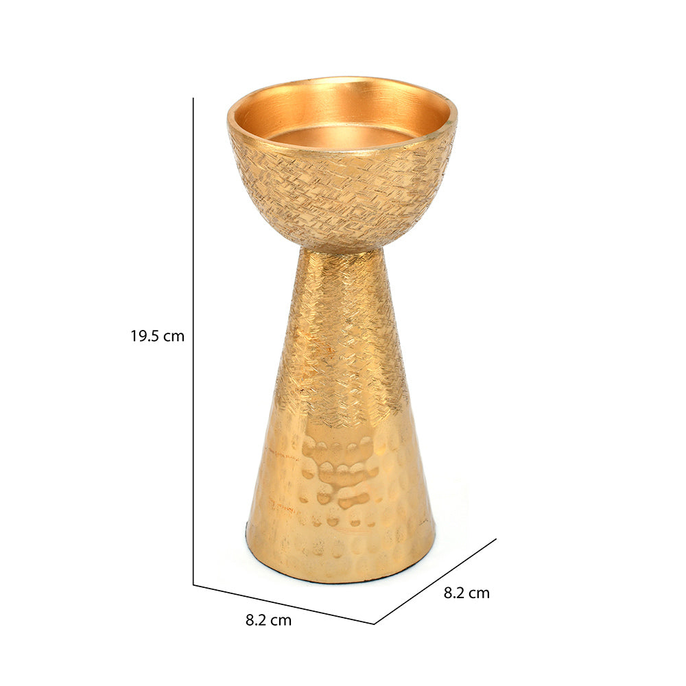 Decorative Criss Cross Textured Metal Candle Holder Small- Gold