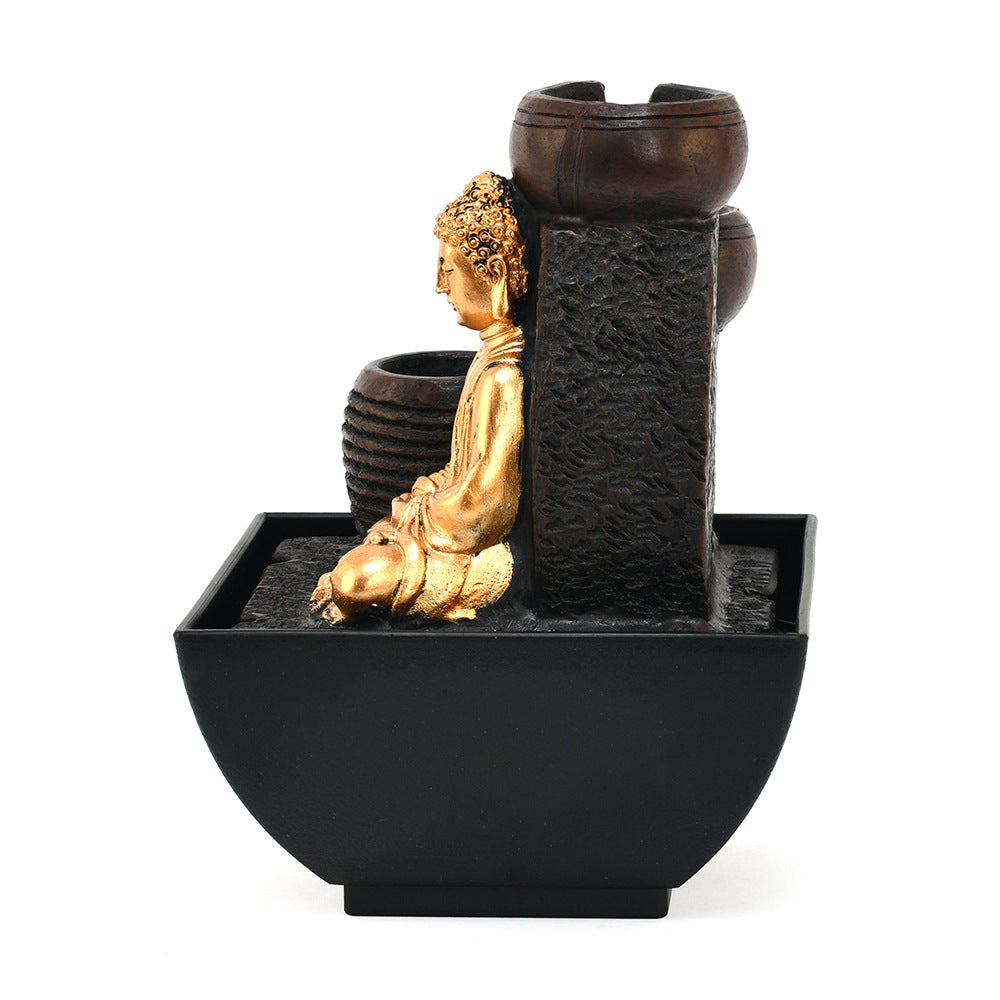Meditating Buddha Polyresin Decorative Table Top Water Fountain with LED Light- Gold and Brown