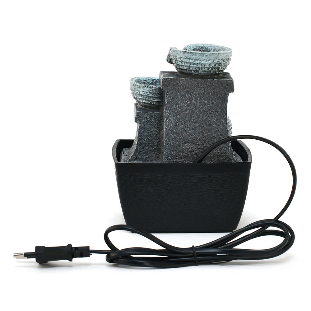 3 Pots Polyresin Decorative Table Top Water Fountain with LED Light- Grey and black