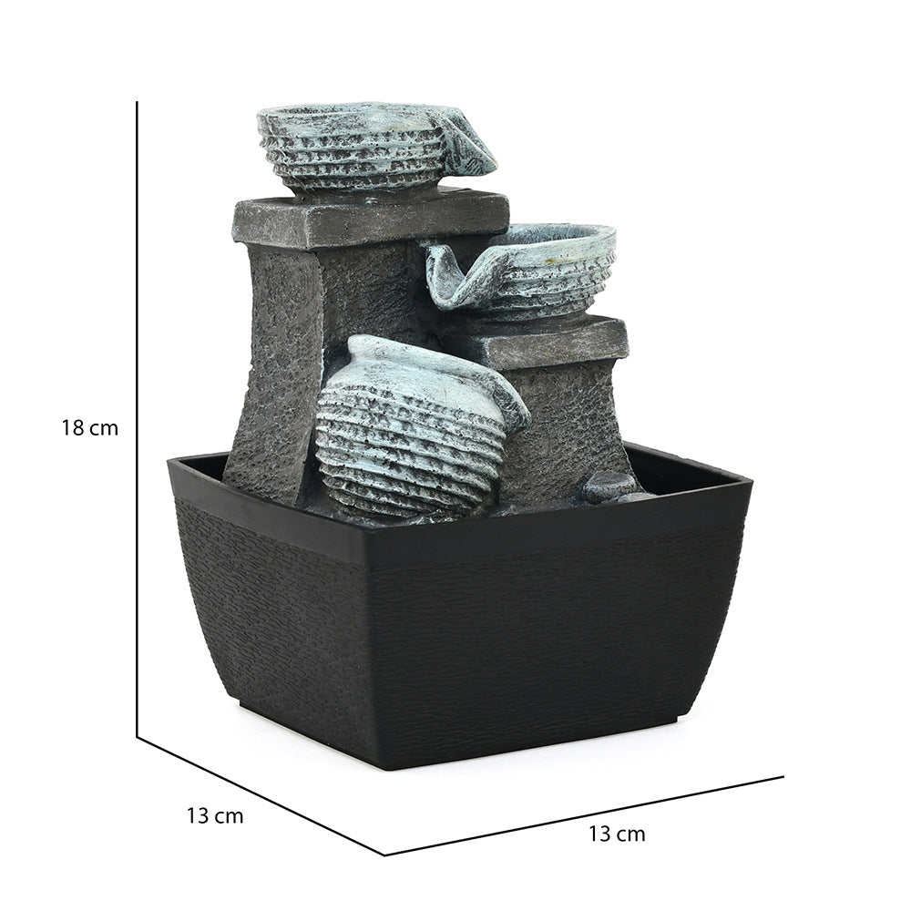 3 Pots Polyresin Decorative Table Top Water Fountain with LED Light- Grey and black