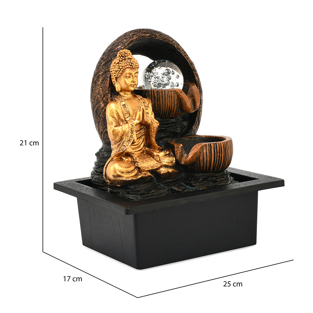 Buddha Polyresin Table Top Decorative Water Fountain with LED Light- Antique Gold